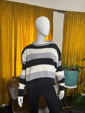 Romeo & Juliet Couture Striped Crewneck Sweater - Black, Gray & Cream